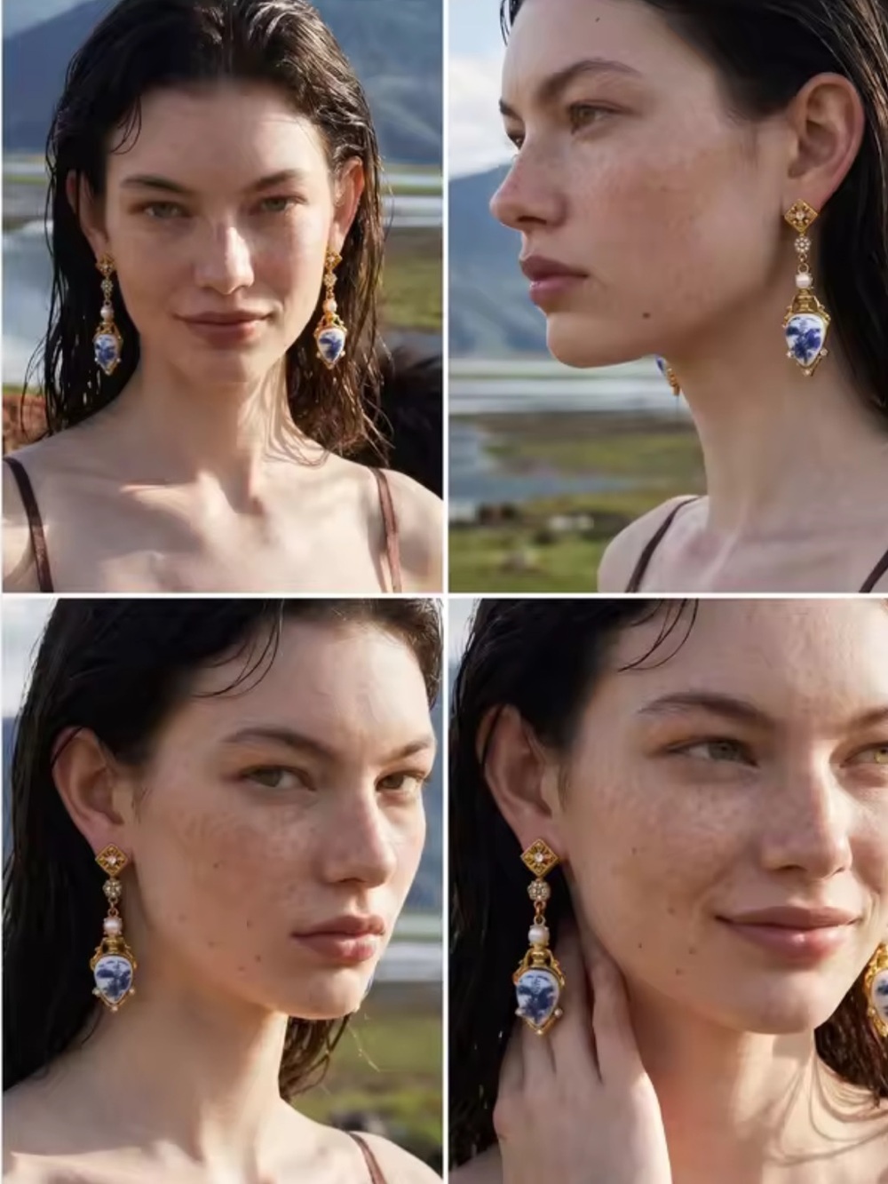 Vintage Porcelain Baroque Blue Gold Earrings
